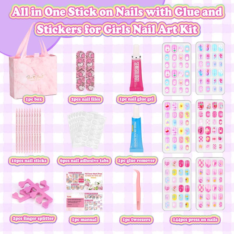 Acejoz 144 Pcs Press on Nails for Kids 10-12, Fake Nails for Girls with Glue & Sticky Tabs, Short Kids Glue on Nails with Cute Designs, Nails Art Gift Set for Girls, Teens & Women - Image 3